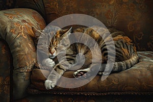 Peaceful tabby cat napping on vintage sofa photo