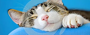 Peaceful Tabby Cat Sleeping on Soft Blue Surface with Happy Expression
