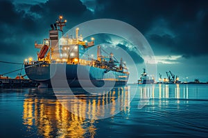 It is peaceful to watch cargo container ship unloading at sea harbor in calm waters at night