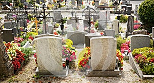 Peaceful Tombstone and graves in an ancient church graveyard