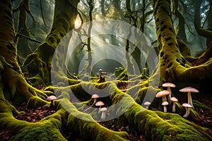 Peaceful tranquil scene in mushroom mossy forest with ground roots