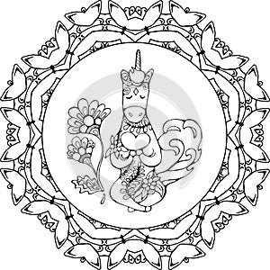 Peaceful unicorn meditates among ornament flowers. Mandala ornament.