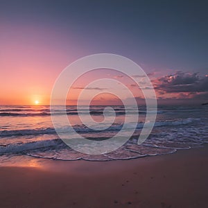 Peaceful view of a beach with waves and a sunset.