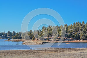 Peaceful view of Fool Hollow Lake in Show Low, Navajo County, Apache Sitgreaves National Forest, Arizona USA