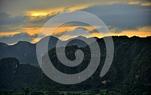 Peaceful view of Vinales valley at sunrise. Aerial View of the Vinales Valley in Cuba. Morning twilight and fog. Fog at dawn in th