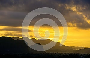 Peaceful view of Vinales valley at sunrise. Aerial View of the Vinales Valley in Cuba. Morning twilight and fog. Fog at dawn in th