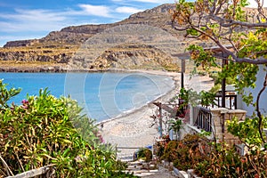 The peaceful village of Kato Zakros at the eastern part of the island of Crete with beach and tamarisks, Greece.