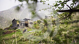 Peaceful village on slope of Himalaya mountains