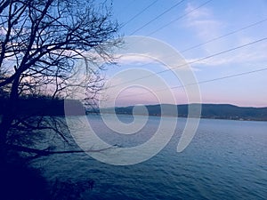 Peaceful water close to the forest in spring season. calm lake reflecting clouds