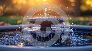 A peaceful water fountain with sunlight creating water droplets in a tranquil setting photo