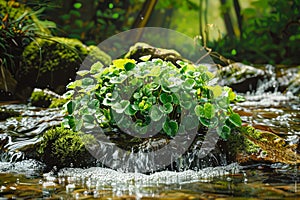 Peaceful Water Stream with Green Lush Water Plants in a Forest Nature, Wilderness, Tranquility Scenery with Flowing Water