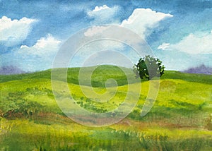 Peaceful watercolor landscape with green grass, lonely tree, clouds on blue sky, rural scene background with hills,