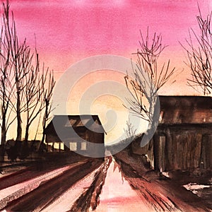 Peaceful watercolor landscape of rural suburban at sunset. Dark outlines of small houses, blurry road and bare trees against