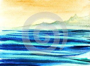 Peaceful watercolor landscape of sunset at sea. Warm yellow sky, illuminated surface of turquoise water and blurry blue