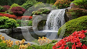 Peaceful Waterfall Surrounded by Vibrant Flowers photo