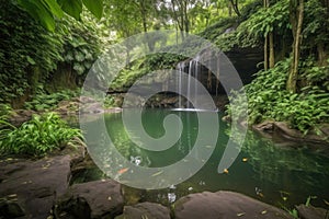 peaceful waterfall with tranquil pool and lush greenery in the background