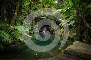 peaceful waterfall with tranquil pool and lush greenery in the background