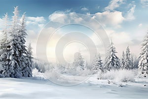 peaceful winter landscape, with a christmas border and snow-covered trees