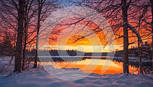 Peaceful winter landscape, sunset over the lake and forest, generative ai