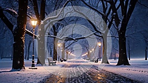 A peaceful winter scene in a park, with snow-covered benches and glowing street lights, A twilight scene of a city park blanketed