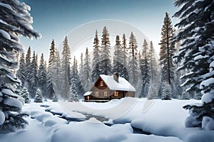 A peaceful winter scene of a snow-covered cabin nestled among towering pine trees in a remote forest