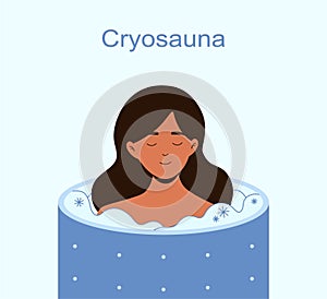 Peaceful woman in a cryosauna ice therapy vector illustration for benign and malignant lesions.