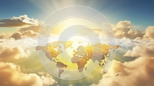 Peaceful world map with tranquil clouds and sunbeams