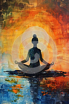 Peaceful yoga themed painting with music motives, simplistic, quiet and soothing