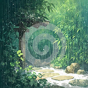 Peaceful Zen Garden Rainfall Scene