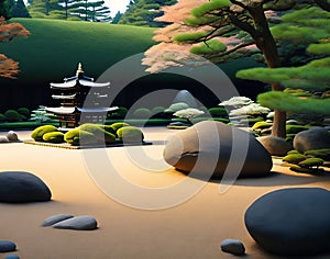 A peaceful Zen garden in Ryoanji Temple with carefully arranged rocks on a bed of raked gravel