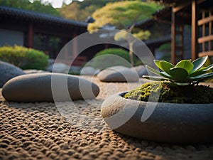 A peaceful Zen garden with a stone and a lush plant.