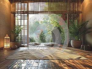 Peaceful Zen retreat with bamboo floors soft lighting