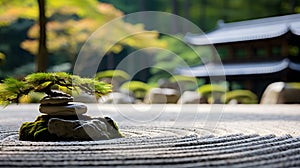 A peaceful Zen rock garden, with perfectly raked gravel as the background, during a calm afternoon