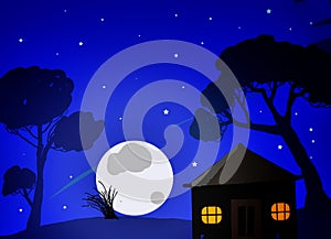 A Peacefull Starry Night With, Moon, Tree, Small House, And Star, On Landscapes Background. photo