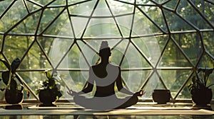 The peacefulness of nature and the gentle flow of morning yoga captured within the geometric shape of a dome. 2d flat
