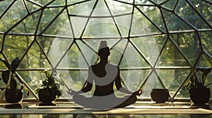 The peacefulness of nature and the gentle flow of morning yoga captured within the geometric shape of a dome. 2d flat photo