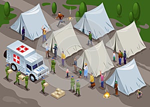 Peacekeepers Blue Helmets United Nations delivered humanitarian aid in refugee camp illustration in isometric icons on isolated ba