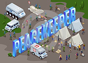 Peacekeepers United Nations and isometric word  Peacekeeper.Blue Helmets deli isometric icons on isolated background