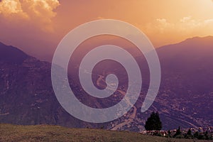 Peacful serene scenery - sunset mountain in clouds at Himalayas. Kullu valley, Himachal Pradesh, India