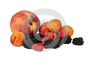 Peach, apricot, BlackBerry and raspberry isolated on white background