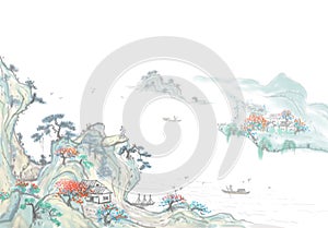 Peach Blossom Forest Ink Chinese Style Illustration