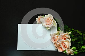 Peach blossom roses on black background with white postcard for writing