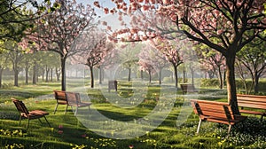 the peach blossom season in a park adorned with simple and natural wooden benches, nestled under the blooming peach