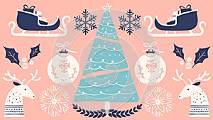 Peach Blue and Teal Illustrated Folksy Christmas Desktop Wallpaper