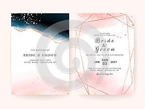 Peach and blue watercolor wedding invitation card template set with geometric gold line decoration. Abstract background save the