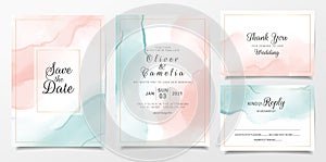 Peach and blue watercolor wedding invitation card template set with gold line decoration. Abstract background save the date,