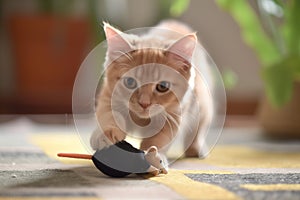 peach cat pouncing on a toy mouse