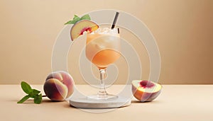 Peach cocktail in glass on beige background with copy space