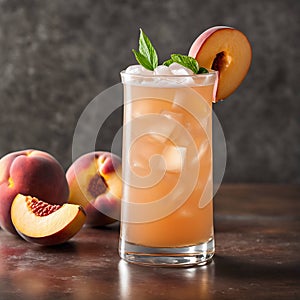 Peach cocktail with ice in a glass with fresh peaches