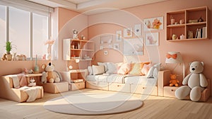 a peach color child s room with a couch , chairs , shelves and a teddy bear